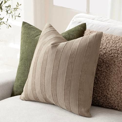 Foindtower Set of 2 Striped Chenille Throw Pillow Covers - 20x20 Inch Luxury Cushion Covers for Home Decor in Khaki Tan