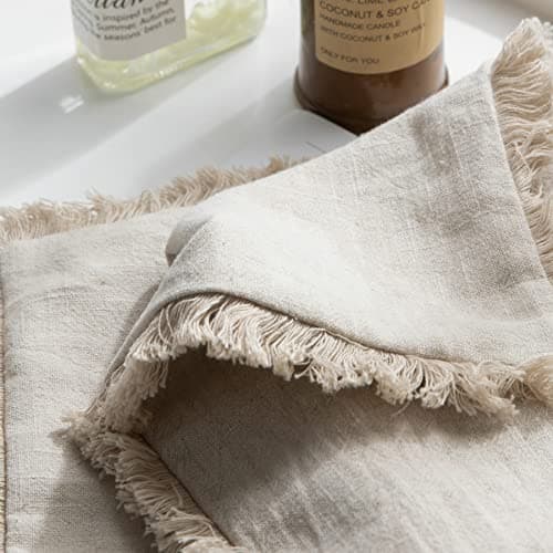 Soft Cozy Boho Linen Fringed Throw Pillow Cover, Beige 18x18 Inches