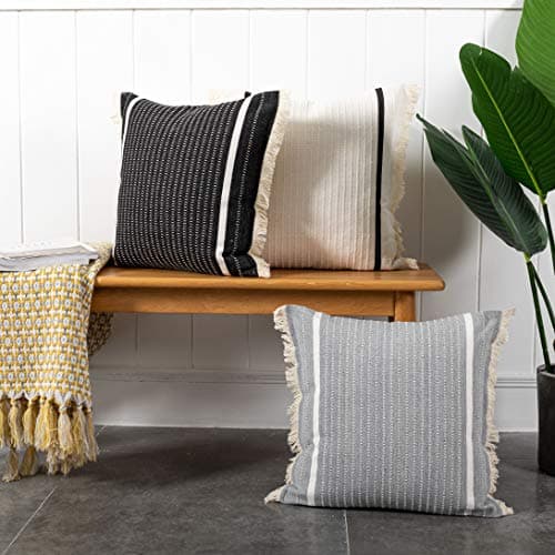 OJIA Modern Woven Throw Pillow Cover with Tassels, Grey (20x20 inches)