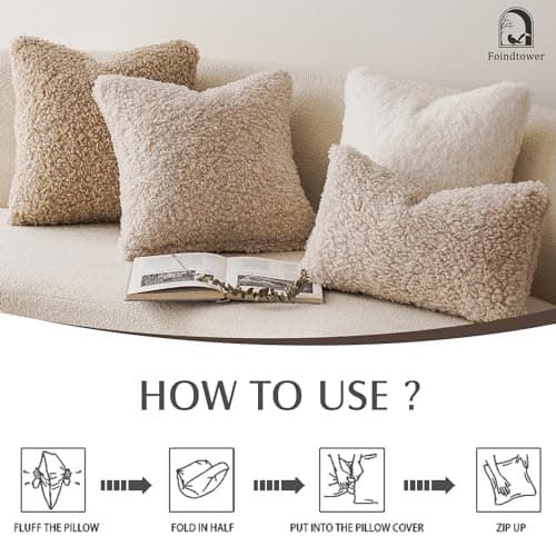 Set of 2 Curly Teddy Wool Lumbar Throw Pillow Covers for Sofa - Light Khaki, 12x20