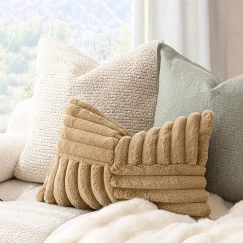 Faux Fur Striped Pillow Covers Set of 2 for Home Decor 12x20 Inch Khaki