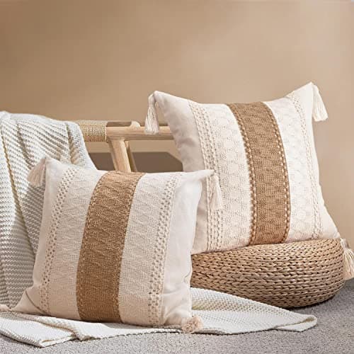 Farmhouse Throw Pillow Cover with Tassels - Boho Neutral Accent for Couch Sofa