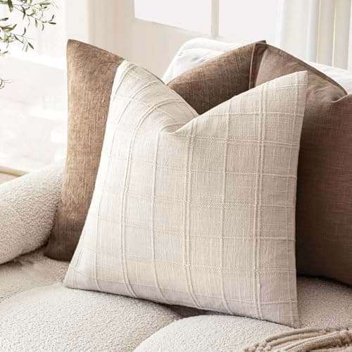 Neutral Farmhouse Check Throw Pillow Covers for Home Decor, Set of 2 - 20x20 Inch