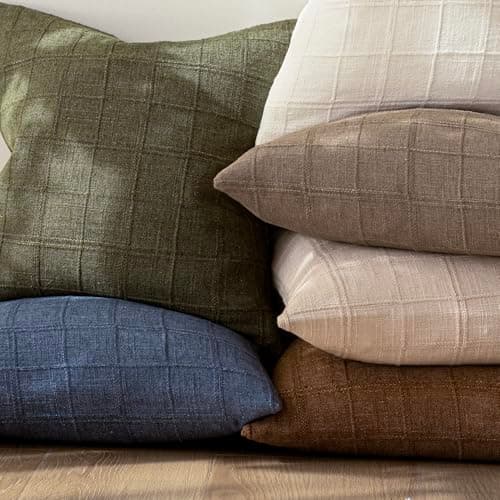 Farmhouse Decorative Linen Check Throw Pillow Covers Set of 2 for Living Room, 22x22 Inch