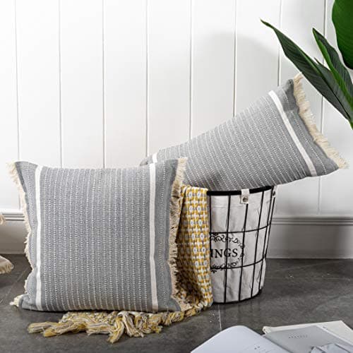 OJIA Modern Woven Throw Pillow Cover with Tassels, Grey (20x20 inches)