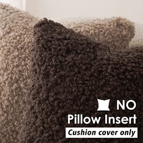 Faux Fur Throw Pillow Cover Set - Cozy Sherpa Accent Pillowcases for Bed, Couch - 18x18 Inch, Chocolate