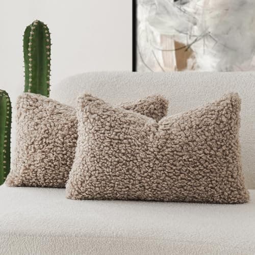 Set of 2 Curly Teddy Wool Pillow Covers for Sofa Bedroom Car - 12x20 Khaki