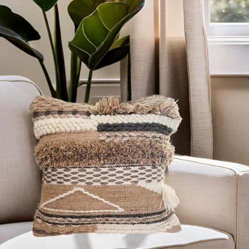 Trendy Boho-Chic 18x18 Handwoven Cotton/Wool Throw Pillow Cover, Neutral Farmhouse Decor