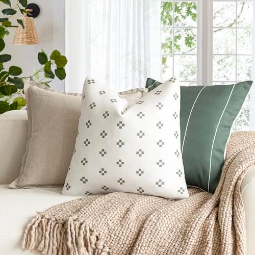 Modern Farmhouse Pillow Covers Set of 2 White/Light Green Accent Cushion Case 20x20 Inch