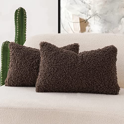 Faux Fur Lumber Throw Pillow Cover 2-Pack - Sherpa Pillowcases in Chocolate 12x20 Inch