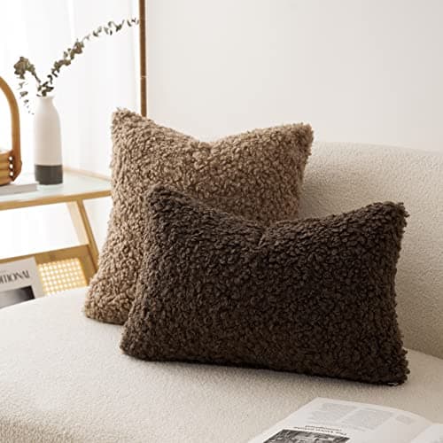Faux Fur Lumber Throw Pillow Cover 2-Pack - Sherpa Pillowcases in Chocolate 12x20 Inch