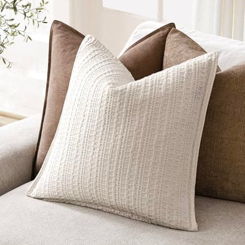 Foindtower Set of 2 18x18 Inch Ivory Cotton Waffle Weave Throw Pillow Covers for Home Decor