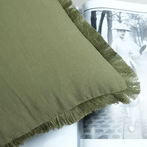 Green Linen Pillow Cover with Tassel Trim - Set of 2