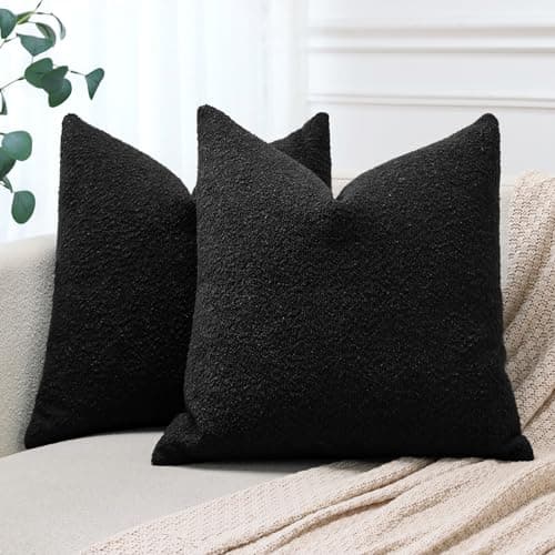 Set of 2 Black Boucle Throw Pillow Covers 22x22 Inch for Farmhouse Decor