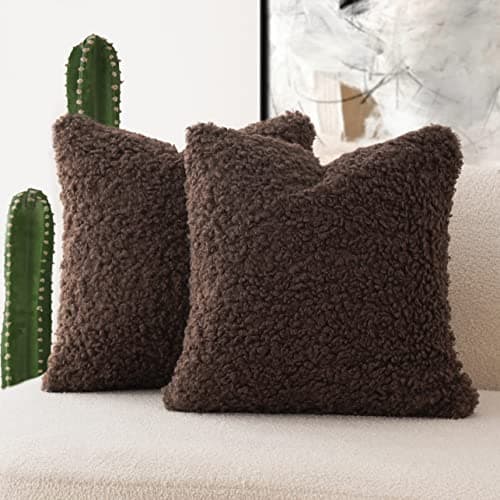 Faux Fur Throw Pillow Cover Set - Cozy Sherpa Accent Pillowcases for Bed, Couch - 18x18 Inch, Chocolate
