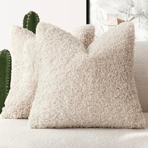Set of 2 Curly Teddy Wool Pillow Covers for Sofa Bedroom Car - 12x20 Khaki