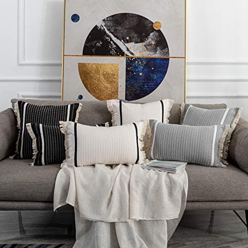 OJIA Modern Woven Throw Pillow Cover with Tassels, Grey (20x20 inches)