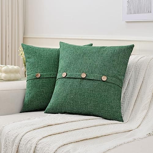 Set of 2 Emerald Green Linen Throw Pillow Covers 20x20 Inch with Vintage Buttons/Hidden Zipper for Couch or Bed.