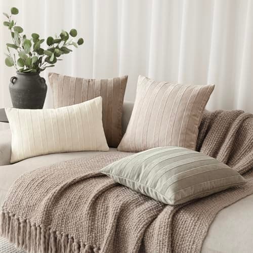 Foindtower Set of 2 Striped Chenille Throw Pillow Covers - Soft 24x24 Inch Luxury Accents for Bedroom, Couch, and Living Room Home Decor in Natural Ivory