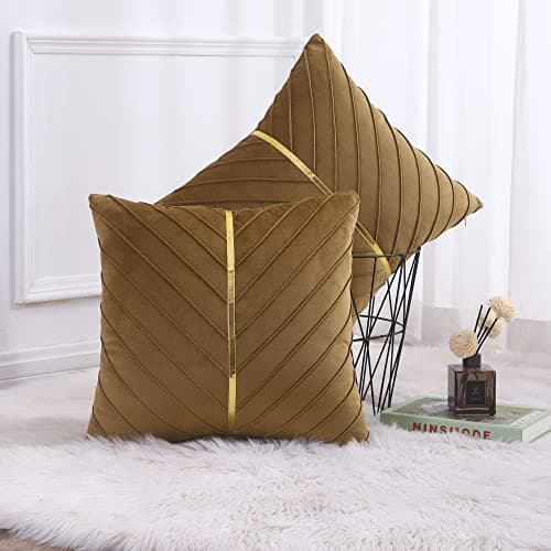 Tosleo Gold Leather Decor 18x18 Inch Brown Velvet Throw Pillow Covers