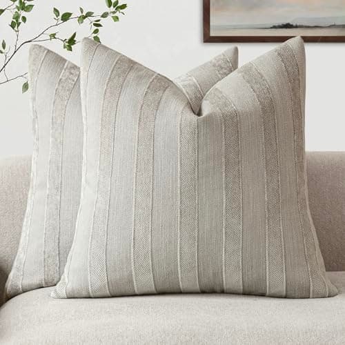 Foindtower Striped Chenille Throw Pillow Covers, Cream White, 20x20 Inch