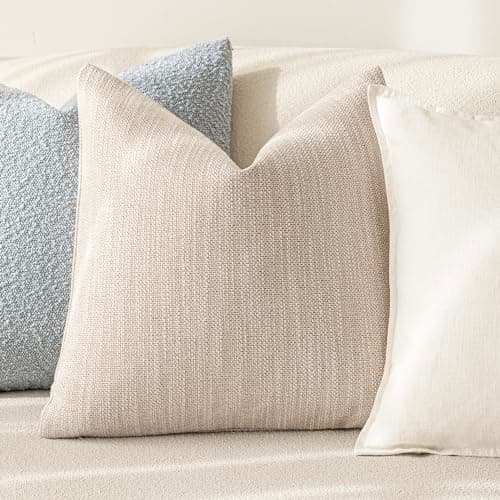 2-Pack Farmhouse Burlap Linen Throw Pillow Covers, 18x18 Inch, Light Beige