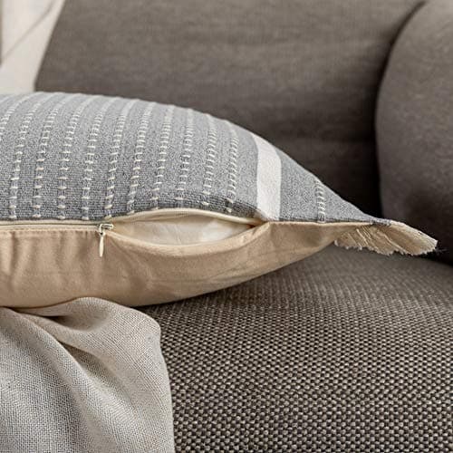 OJIA Modern Woven Throw Pillow Cover with Tassels, Grey (20x20 inches)
