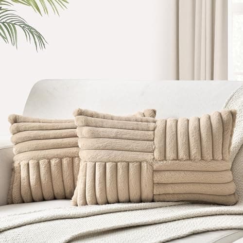 Foindtower Pack of 2 Light Khaki Faux Fur Cushion Covers 12x20 Inch