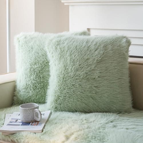 Blue Faux Fur Decorative Throw Pillow Covers for Sofa - Set of 2
