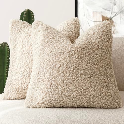 Set of 2 Curly Teddy Wool Pillow Covers for Sofa Bedroom Car - 12x20 Khaki
