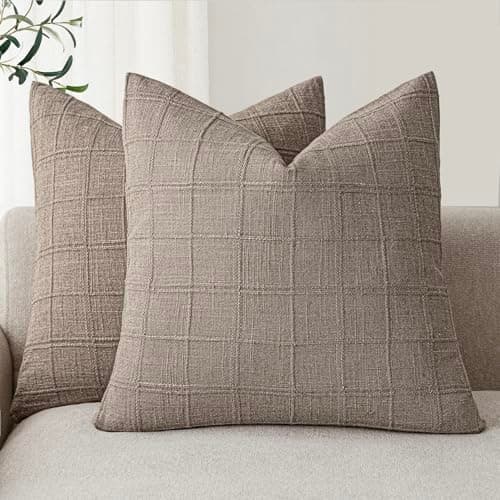 Farmhouse Decorative Linen Check Throw Pillow Covers Set of 2 for Living Room, 22x22 Inch