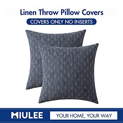 Modern Farmhouse Burlap Linen Pillow Covers for Sofa Couch Bed - Set of 2 Blue - 18x18 Inch