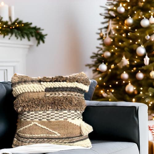 Trendy Boho-Chic 18x18 Handwoven Cotton/Wool Throw Pillow Cover, Neutral Farmhouse Decor
