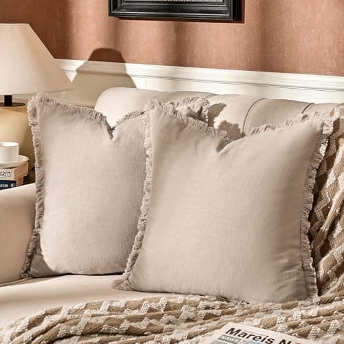 AmHoo 2-Pack Linen Pillow Covers with Tassels for Couch & Bedroom
