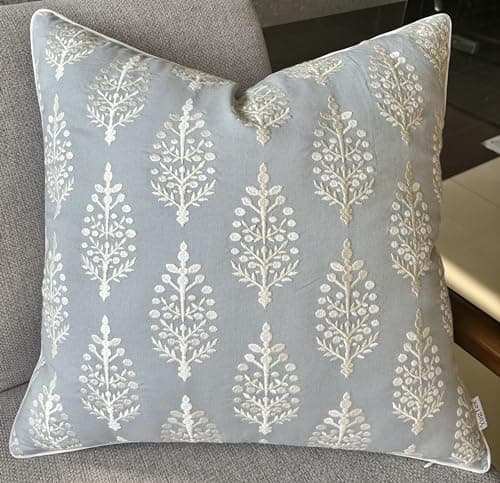 Fern Leaves Embroidered Decorative Square Throw Pillow Cover - Robins Egg