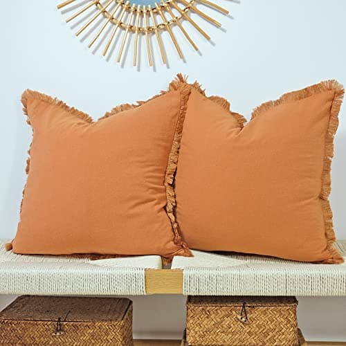Green Linen Pillow Cover with Tassel Trim - Set of 2
