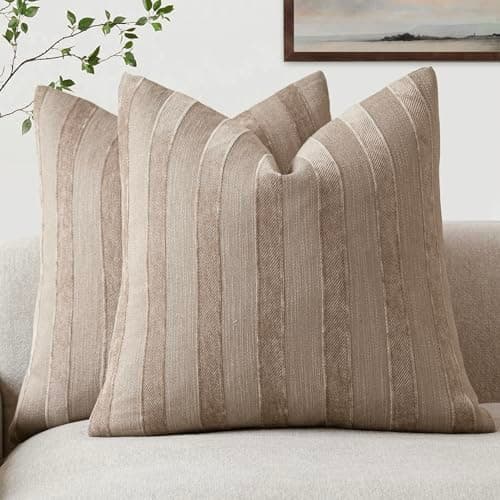 Foindtower Set of 2 Striped Chenille Throw Pillow Covers - 20x20 Inch Luxury Cushion Covers for Home Decor in Khaki Tan