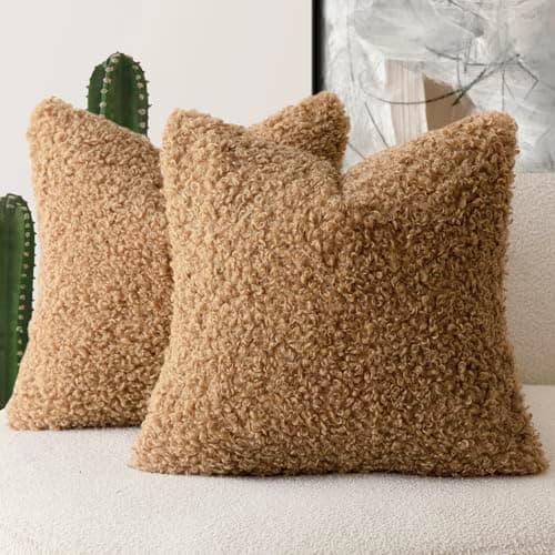 Set of 2 Curly Teddy Wool Pillow Covers for Sofa Bedroom Car - 12x20 Khaki