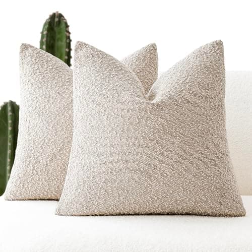 Set of 2 Boucle Throw Pillow Covers, 20 x 20 Inch - Cozy Home Decor for Chair, Sofa, Bedroom, Living Room (Tan Beige)