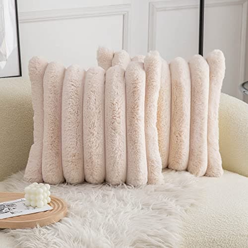 Soft Beige Faux Fur Striped Throw Pillow Covers - Set of 2 (18x18 inch)