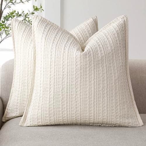 Foindtower Set of 2 18x18 Inch Ivory Cotton Waffle Weave Throw Pillow Covers for Home Decor