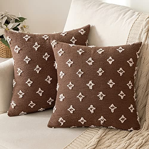 MIULEE 2-Pack Rhombic Jacquard Throw Pillow Covers, Soft Square Cushion Case for Summer Couch, 18x18 Inch, Brown