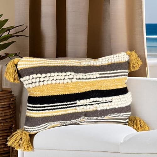 Trendy Boho-Chic 18x18 Handwoven Cotton/Wool Throw Pillow Cover, Neutral Farmhouse Decor
