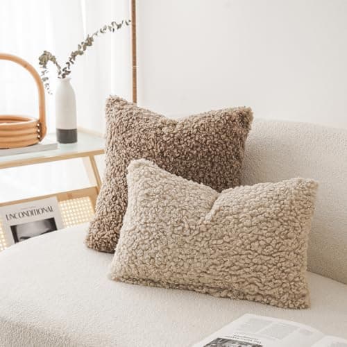 Set of 2 Curly Teddy Wool Lumbar Throw Pillow Covers for Sofa - Light Khaki, 12x20