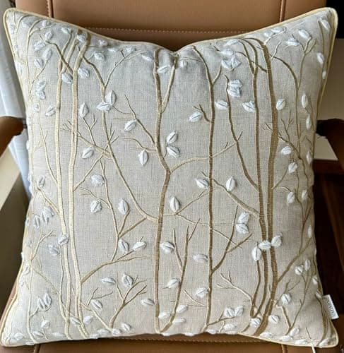 VAGMINE Hand Embroidered Daisy Accent Pillow Cover - 18x18 Inches - 100% Linen Decor - Boho Floral Couch Cushion