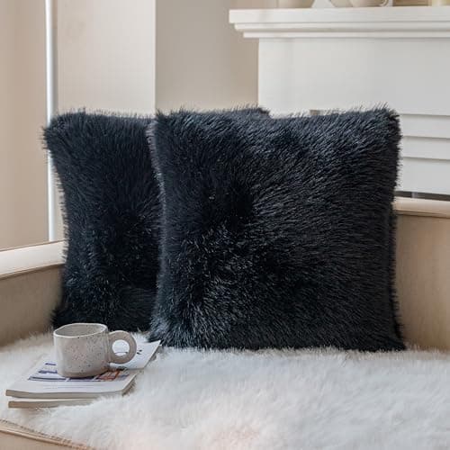 Blue Faux Fur Decorative Throw Pillow Covers for Sofa - Set of 2