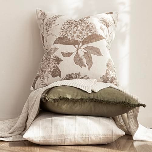 Vintage Floral Linen Throw Pillow Covers Set of 2 for Farmhouse Home Decor, 22x22 Inch