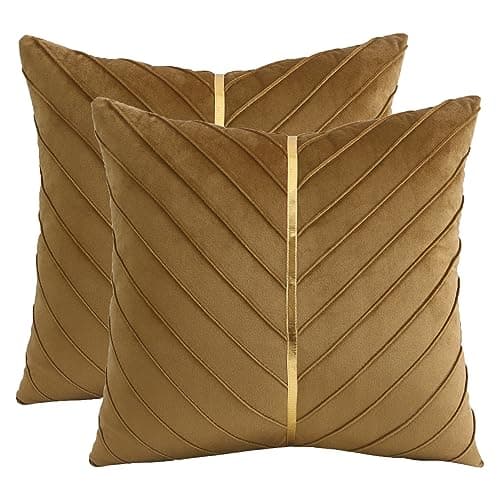 Tosleo Gold Leather Decor 18x18 Inch Brown Velvet Throw Pillow Covers