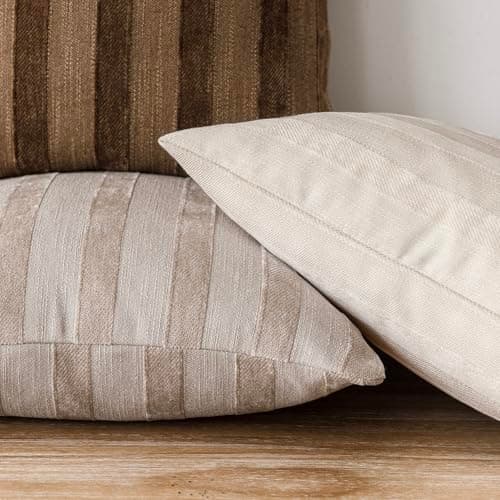 Foindtower Set of 2 Striped Chenille Throw Pillow Covers - Soft 24x24 Inch Luxury Accents for Bedroom, Couch, and Living Room Home Decor in Natural Ivory