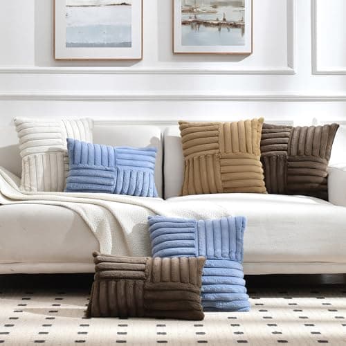 Faux Fur Striped Pillow Covers Set of 2 for Home Decor 12x20 Inch Khaki